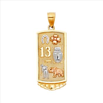 14K Tri Color Yellow Rose White Gold Lucky Pendant - 27mm x 18mm