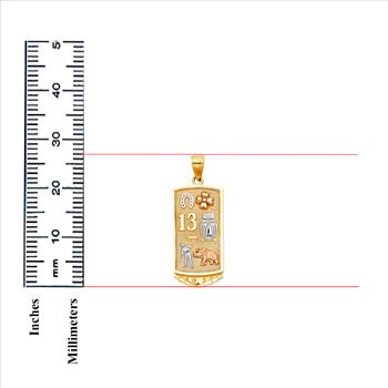 14K Tri Color Yellow Rose White Gold Lucky Pendant - 27mm x 18mm