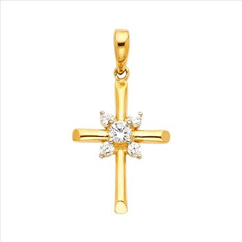 14K Yellow Gold Cubic Zirconia Religious Cross Pendant - 20mm X 15 mm