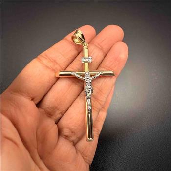 14K Two Tone Gold Hollow Round Tube Crucufix