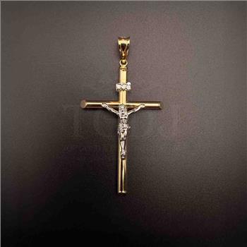 14K Two Tone Gold Hollow Round Tube Crucufix