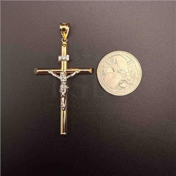 14K Two Tone Gold Hollow Round Tube Crucufix