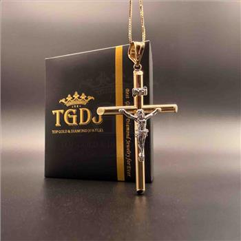 14K Two Tone Gold Hollow Round Tube Crucufix