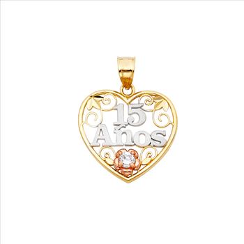 14K Tri-Color Gold Sweet 15 Quinceañera Heart Pendant