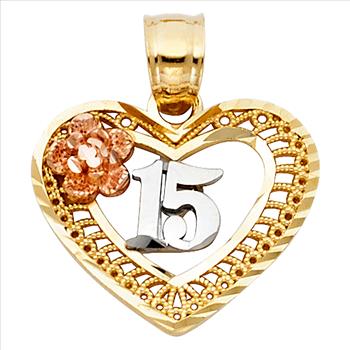 14K Tri-Color Gold Sweet 15 Quinceañera Heart Pendant