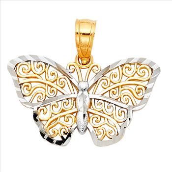 14K Two Tone White Yellow Gold Butterfly Pendant - 13 mm X 20 mm