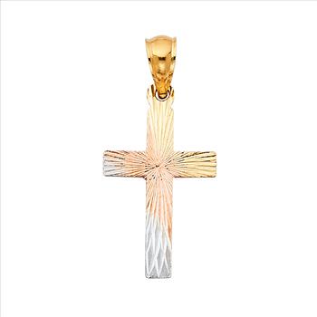 14K Tri Color Yellow Rose White Gold Religious Cross Stamp Pendant- 20 mm x 13 mm