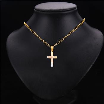 14K Tri Color Yellow Rose White Gold Religious Cross Stamp Pendant- 20 mm x 13 mm