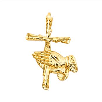 14K Yellow Gold Religious Praying Hand with Cross Pendant - 23 mm X 14 mm