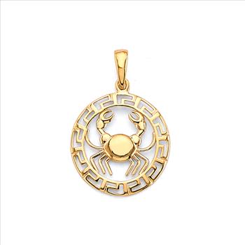 Astrology Jewelry 14k Yellow Gold Round Cancer Zodiac Sign Horoscope Constellation Pendant With Yellow Gold 1.2mm Classic Rolo Cable Chain - 16''