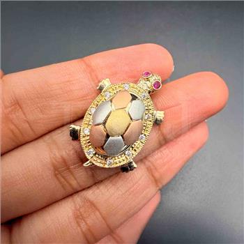 14K  Tri Color Gold Cubic zirconia Turtle Pendant