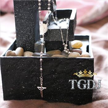 14K White Gold 3mm Moon Ball Rosary Necklace - 18