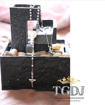 14K White Gold 3mm Moon Ball Rosary Necklace - 18