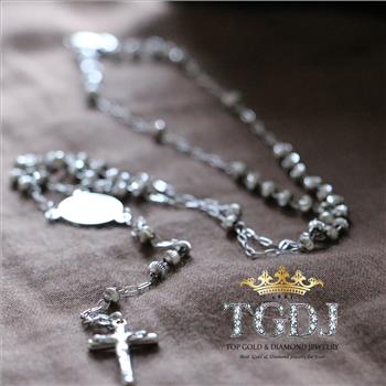 14K White Gold 3mm Moon Ball Rosary Necklace - 18