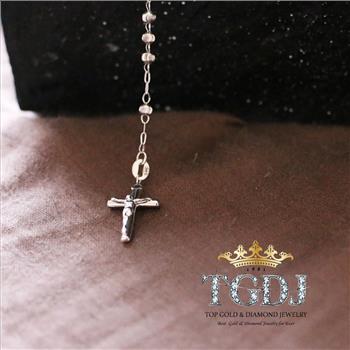 14K White Gold 3mm Moon Ball Rosary Necklace - 18