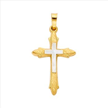 14K Two Tone Yellow and White Gold Religious Cross Pendant - 23 mm X 16 mm
