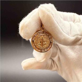 14K  Yellow Gold Cubic zirconia Double Face San Benito Round Medal