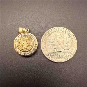 14K  Yellow Gold Cubic zirconia Double Face San Benito Round Medal