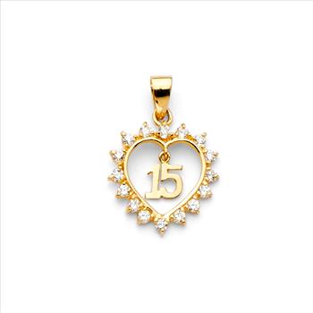 14K Yellow Gold Sweet 15 Quinceañera Heart Pendant