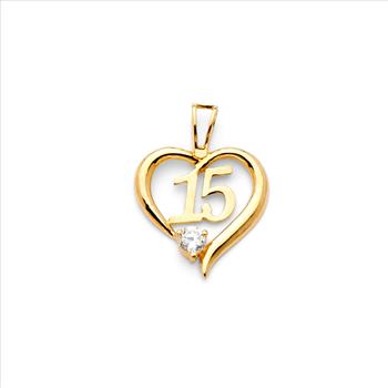 14K Yellow Gold Sweet 15 Quinceañera Heart Pendant