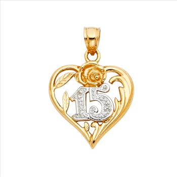14K Two Tone Gold Sweet 15 Quinceañera Heart Pendant