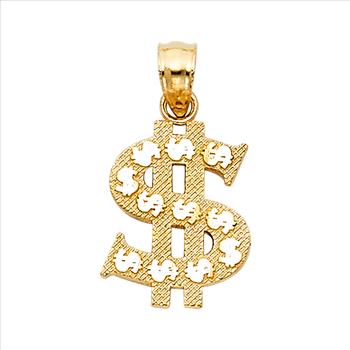 14K Yellow Gold Dollar Sign Pendant - 15 mm X 11 mm