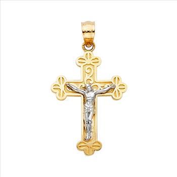 14K Two Tone White Yellow Gold Jesus Crucifix Cross Religious Pendant - 24 mm X 16 mm