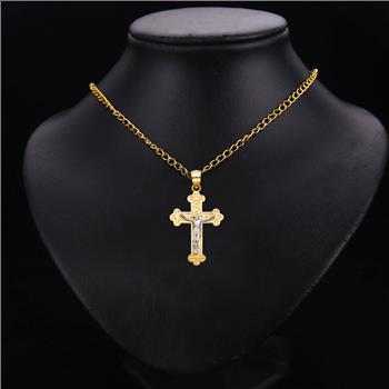 14K Two Tone White Yellow Gold Jesus Crucifix Cross Religious Pendant - 24 mm X 16 mm