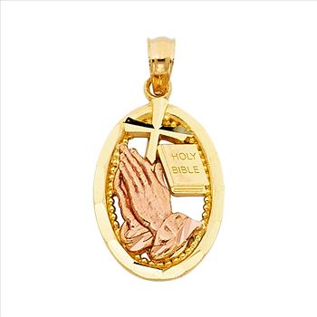 14K Two Tone White Yellow Gold Religious Praying Hands Pendant - 19 mm X 14 mm