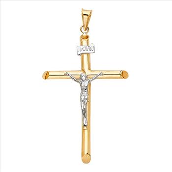 14K Two Tone Gold Hollow Round Tube Crucufix