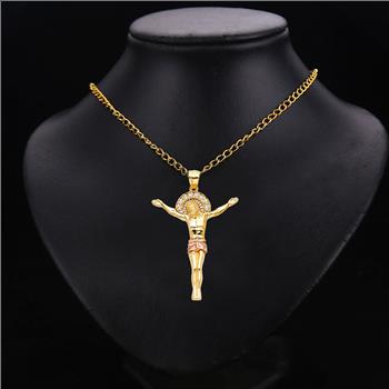 14K Two Tone White Yellow Gold Cubic zirconia Religious Jesus Christ Body Pendant