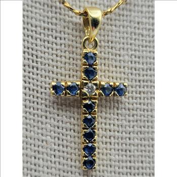 14kt Solid Gold Cross Sapphire Diamond Pendant/Necklace 