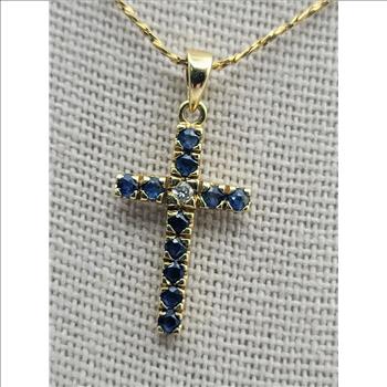 14kt Solid Gold Cross Sapphire Diamond Pendant/Necklace 
