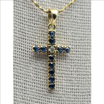14kt Solid Gold Cross Sapphire Diamond Pendant/Necklace 