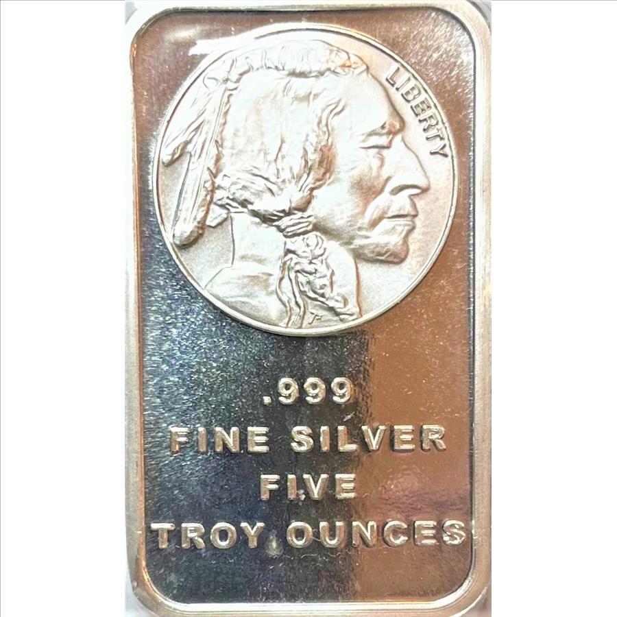 Five Troy Ounces .999 Fine Silver .999 Five Troy Ounces Pure Silver Bar-Buffalo Nickel Label-Wrapped In