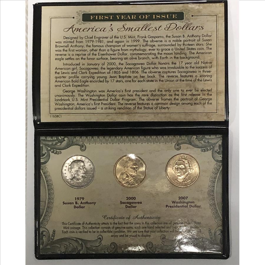 U.S. First Year of Issue America's Smallest Dollars 3 Coin Set Susan B. Anthony Sacagawea