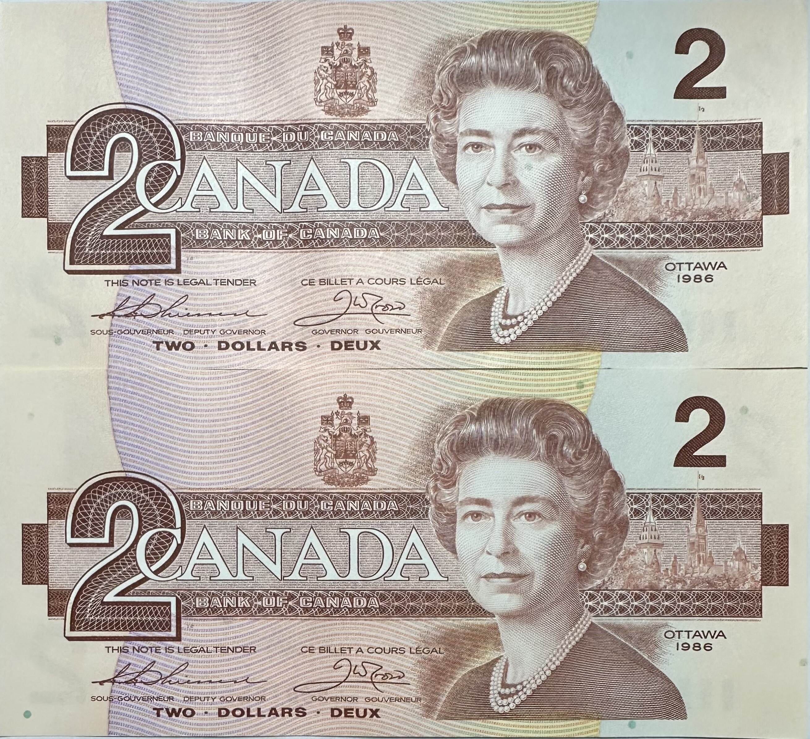 1986 Canada Uncirculated Two ($2) Dollars *Crisp* Banknotes - 2 Notes ...