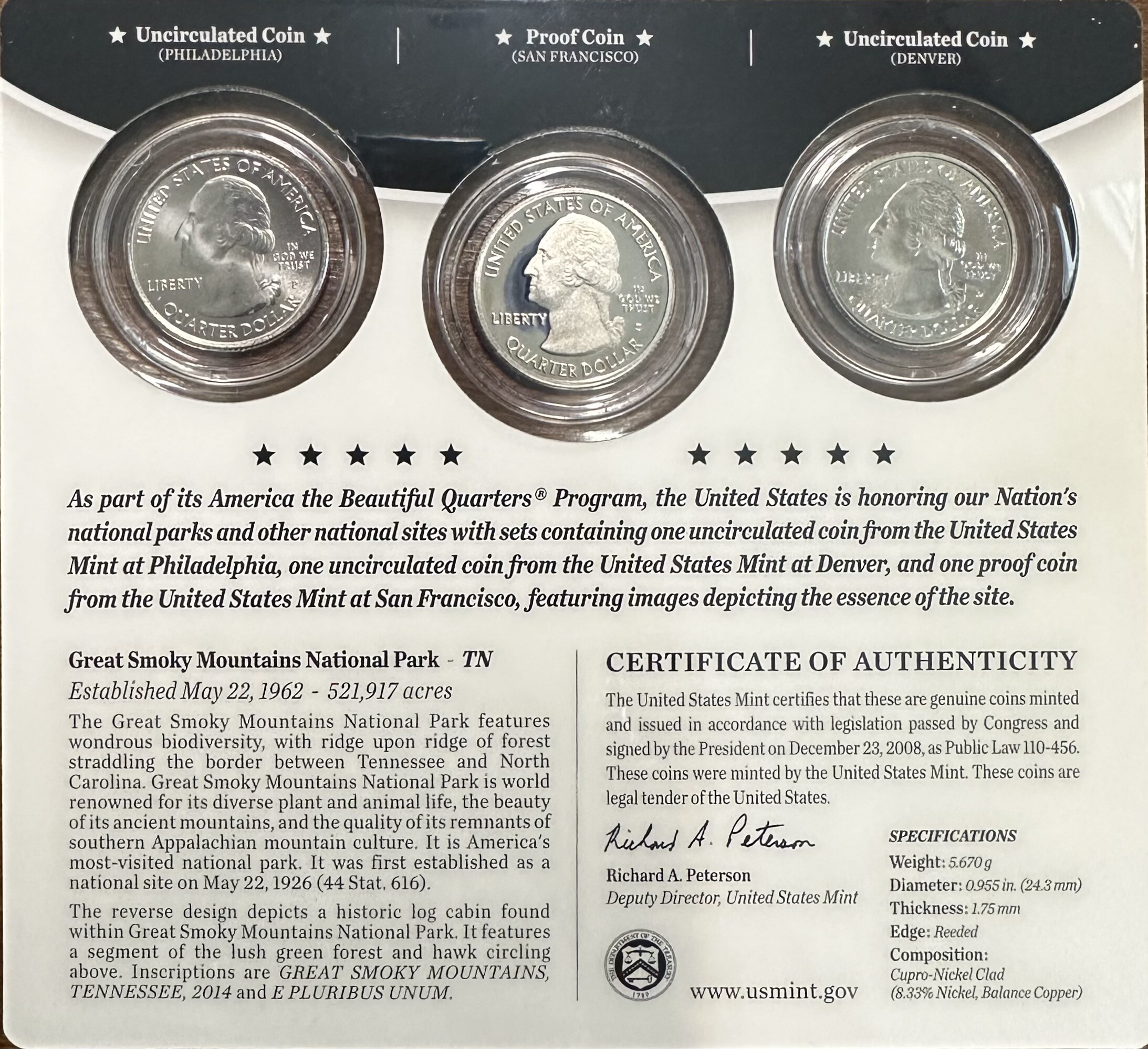 2014(P,D & Proof S) Great Smoky Mountains National Park ATB Quarter