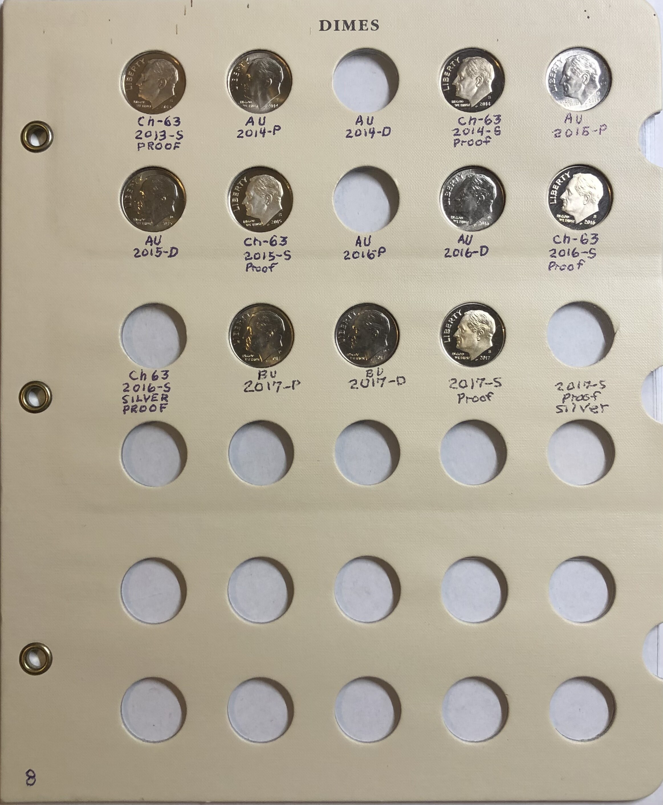 >Album Page - Roosevelt Dimes (with 11 Dimes 2013-2017) Some Proofs ...
