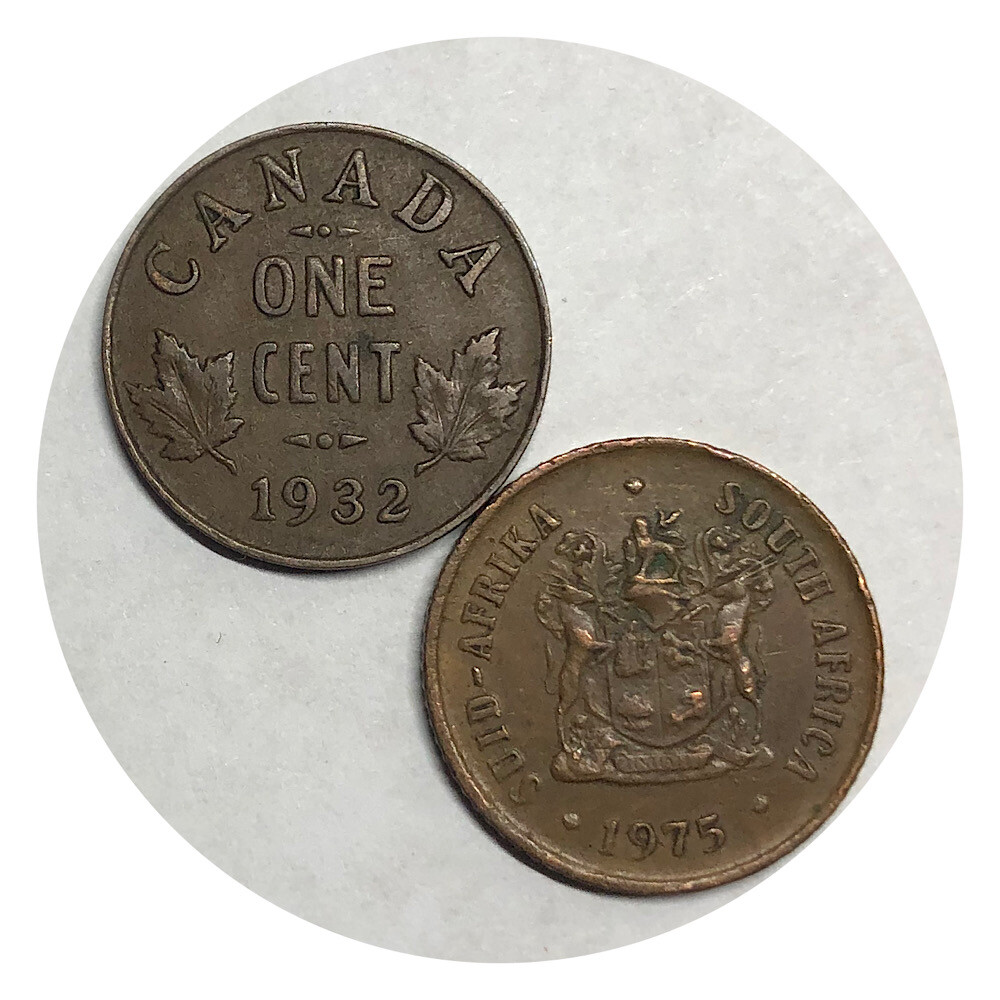 >1932 Canada One Cent and 1975 South Africa One Cent 2 Coins