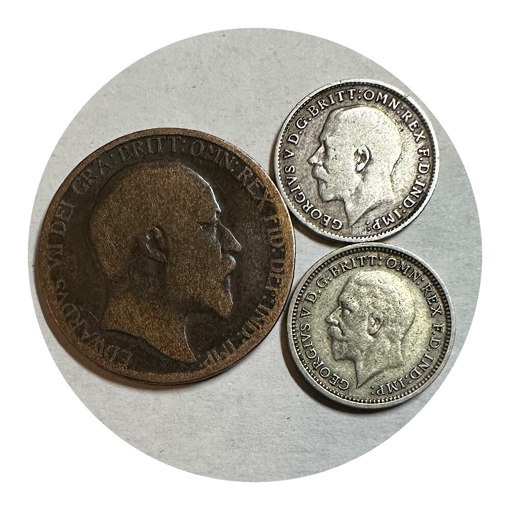 >Great Britain Coins 1906 Half Penny, 1914 Silver 3 Pence and 1936