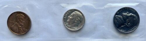 1962-P U.S. Uncirculated Cent, Nickel & Silver Dime - 3 Coins in Mint Cello