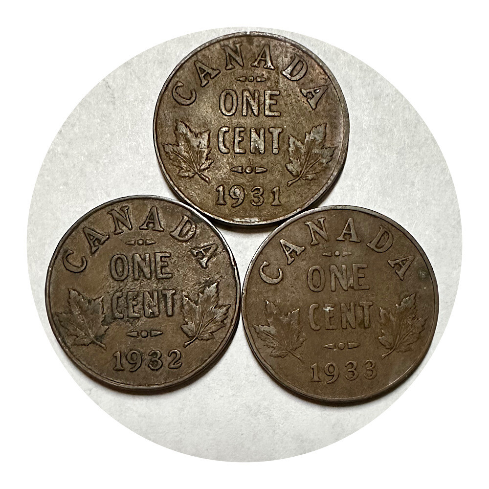 >1931, 1932 and 1933 Canada One Cent Coins 3 Coins Property Room