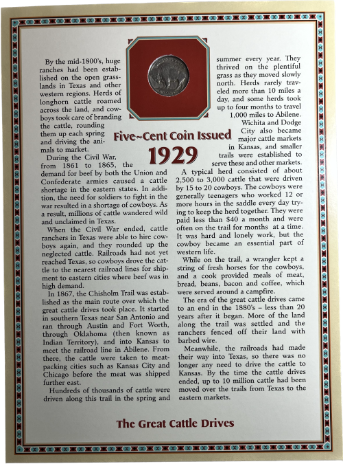 . 1929 U.S. Buffalo Nickel and 1973 8 Cent Stamp Collector Panel