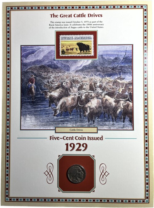 . 1929 U.S. Buffalo Nickel and 1973 8 Cent Stamp Collector Panel