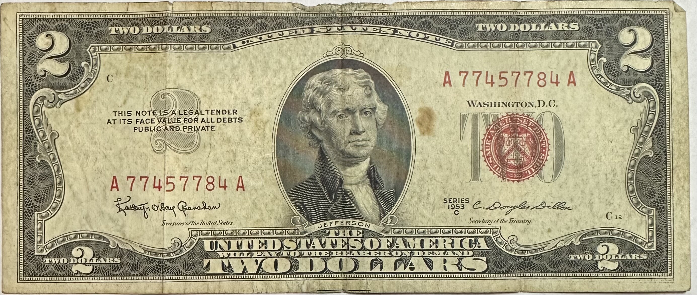 >1953 C Series United States Two Dollars ($2) Bank Note - Red Seal ...