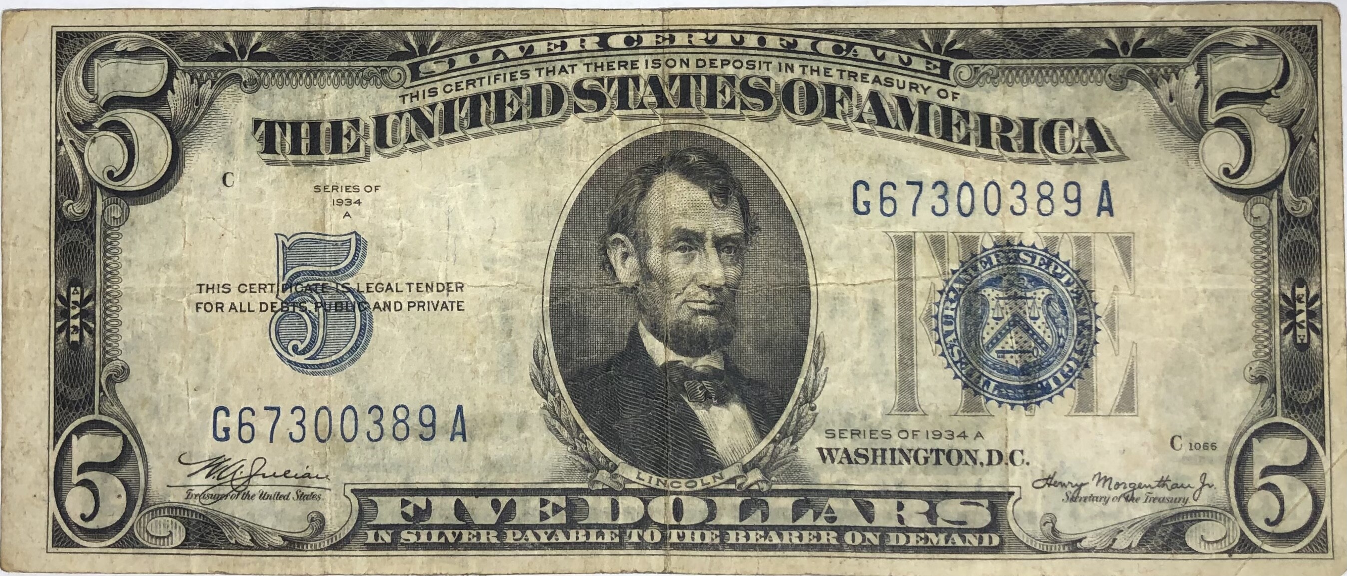 u003e1934A United States Silver Certificate $5 Blue Seal Note W/Out Motto ...