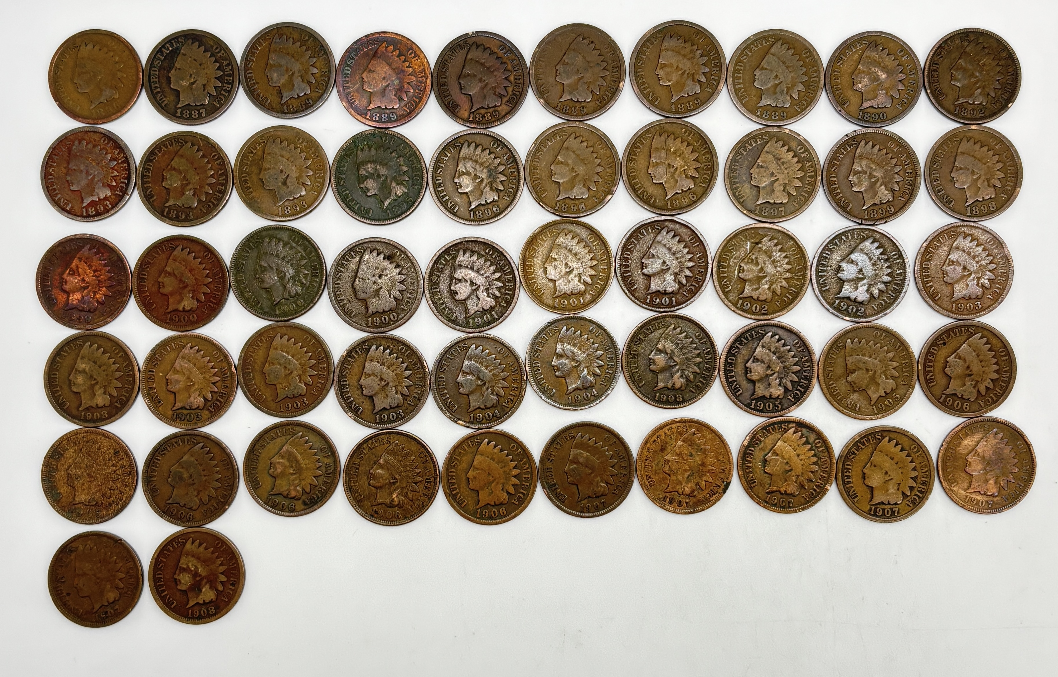 Roll of Indian Head Cents - 52 Coins, 1886 to 1908