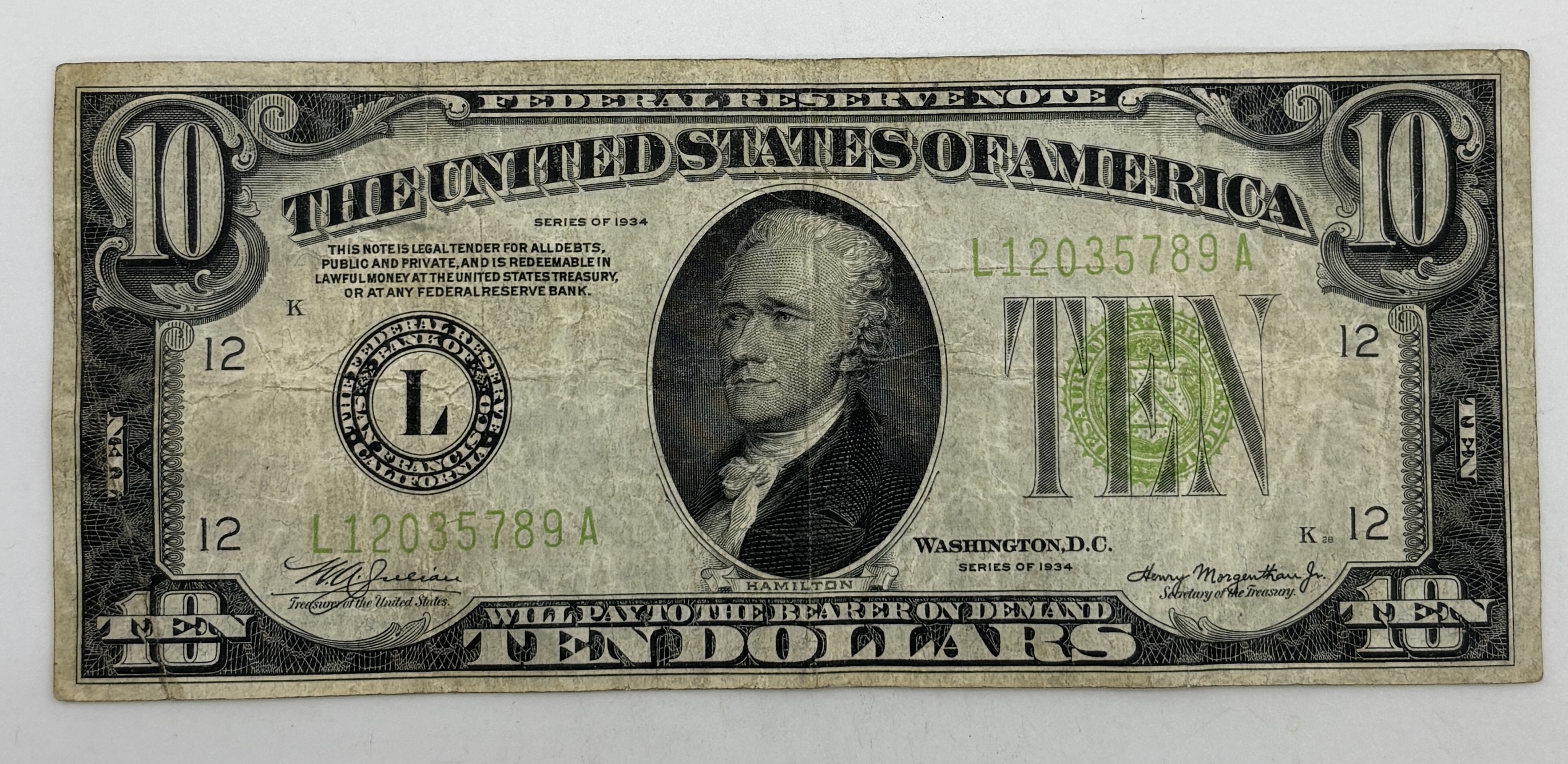 1934 US Ten Dollar ($10) Federal Reserve Note - Green Seal 