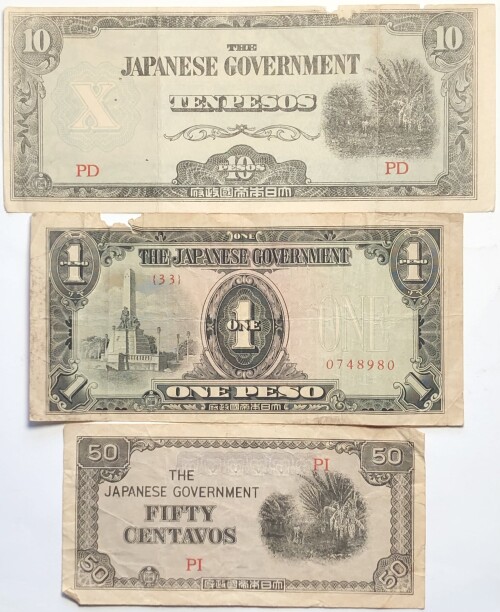 *The Japanese Government Bank Note 10 Pesos, One Peso & 50 Centavos